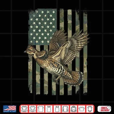 Design Mens Ruffed Grouse USA Flag 4th of July Hunter Performance Shirt