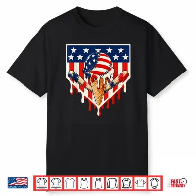 Baseball Ice Cream Drip Crossed Bats Usa Flag 4Th Of July Shirt