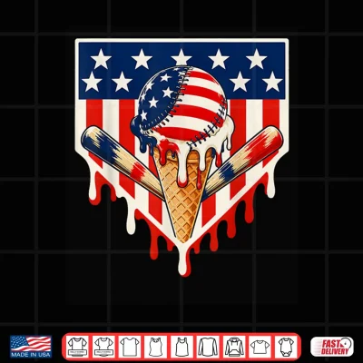 Design Baseball Ice Cream Drip Crossed Bats USA Flag 4th of July Shirt