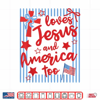 Design Loves Jesus and America Too 4th of July Christian Stripes Shirt