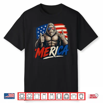 Bigfoot ‘Merica Rock Thumbs Up American Flag 4Th Of July Shirt