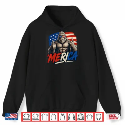 Hoodie Bigfoot Merica Rock Thumbs Up American Flag 4th of July Shirt