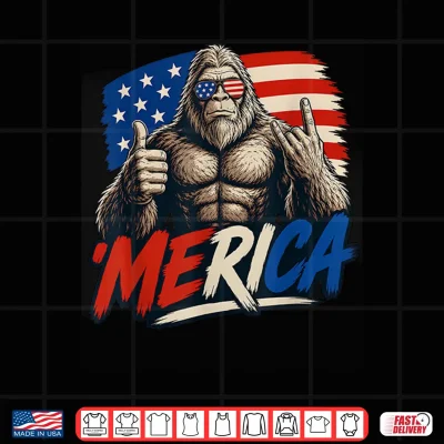 Design Bigfoot Merica Rock Thumbs Up American Flag 4th of July Shirt