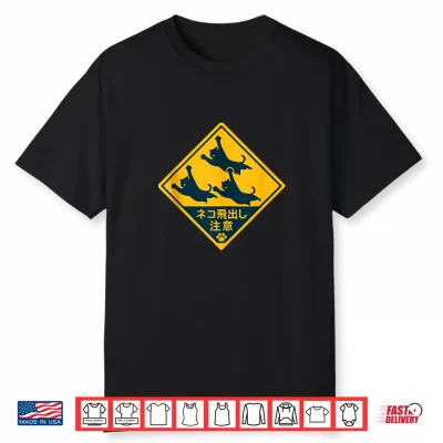 Cats Jumping Road Sign Beware Japan Japanese Cat Lover Fun Shirt