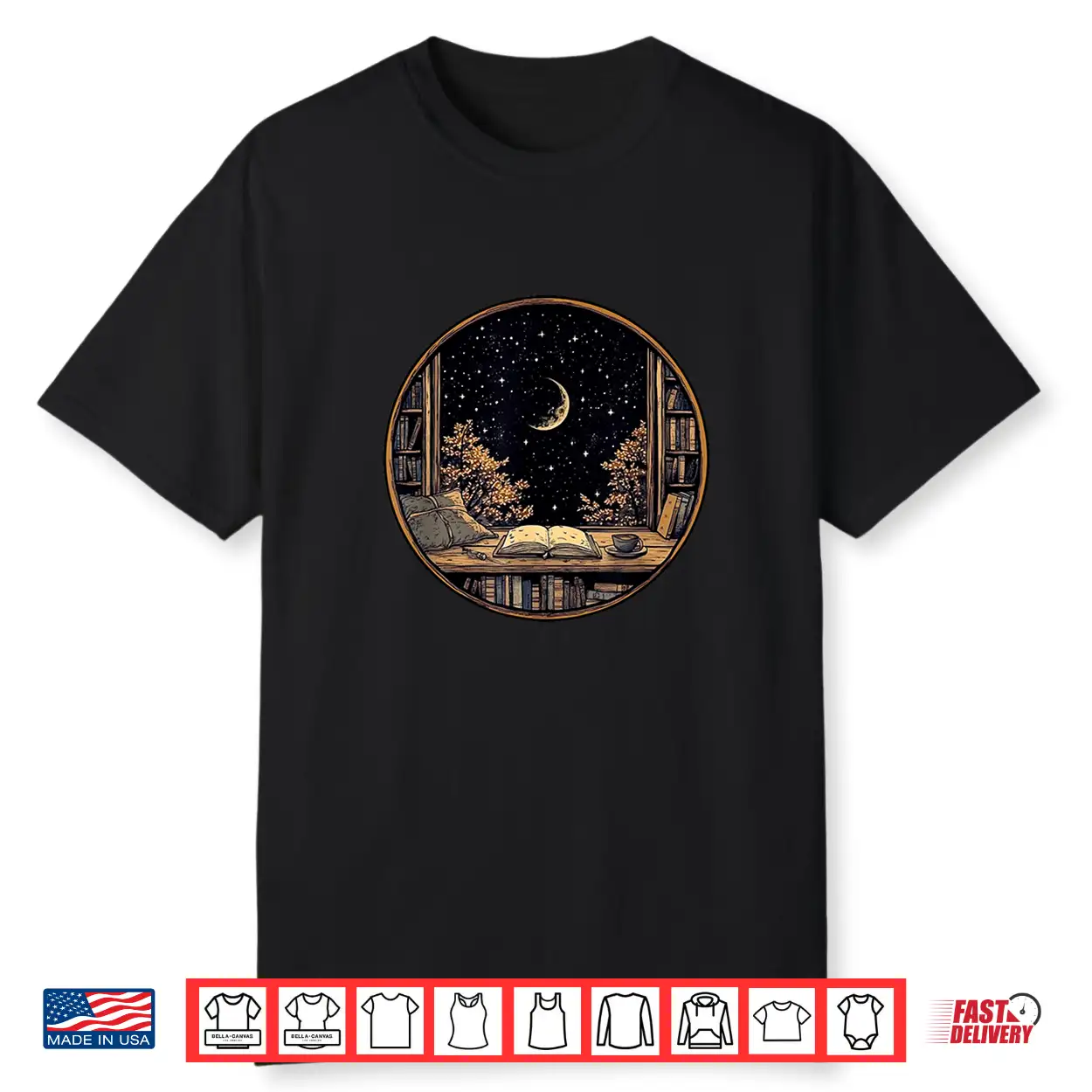 Moon Book Bookshelf Library Coffee Cup Star Stars Pattern Shirt Moon Book Bookshelf Library Coffee Cup Star Stars Pattern Shirt