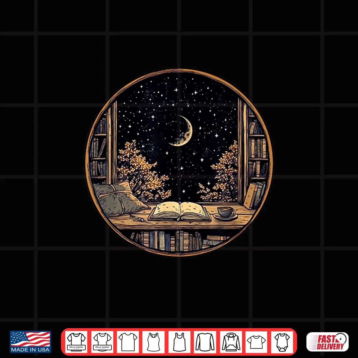 Moon Book Bookshelf Library Coffee Cup Star Stars Pattern Shirt Moon Book Bookshelf Library Coffee Cup Star Stars Pattern Shirt