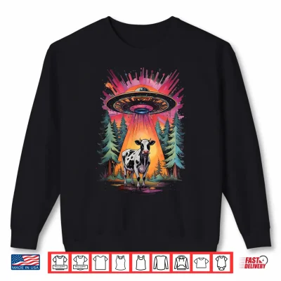 Sweatshirt Funny Vintage Retro Graphic Alien UFO Cow Abduction BELIEVE Shirt