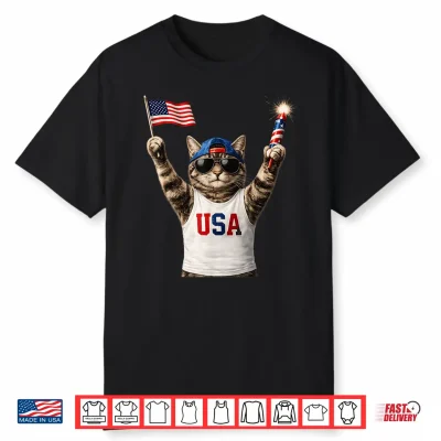 Funny Patriotic Cat Usa Flag Fireworks America 250 Shirt