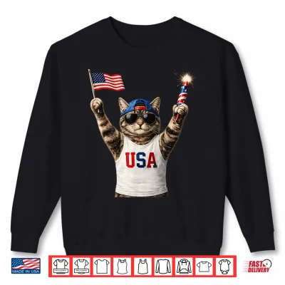 Sweatshirt Funny Patriotic Cat USA Flag Fireworks America 250 Shirt