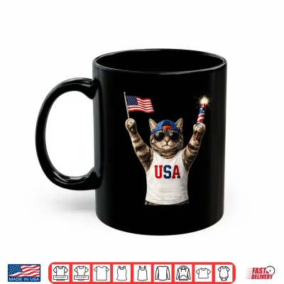 Mug Funny Patriotic Cat USA Flag Fireworks America 250 Shirt