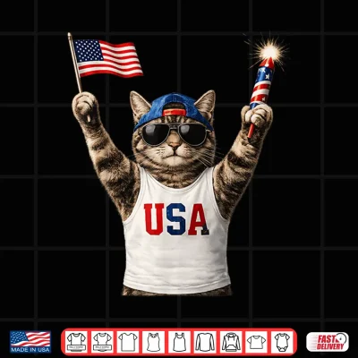 Design Funny Patriotic Cat USA Flag Fireworks America 250 Shirt