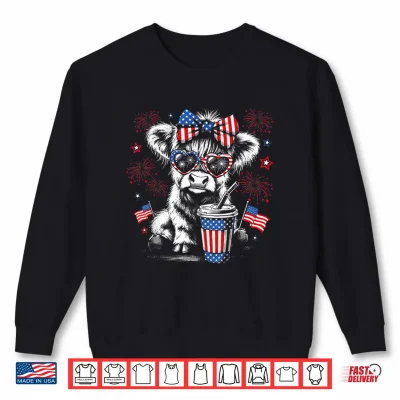 Sweatshirt Patriotic Bow Sunglasses Highland Cow Fireworks USA Flag Shirt