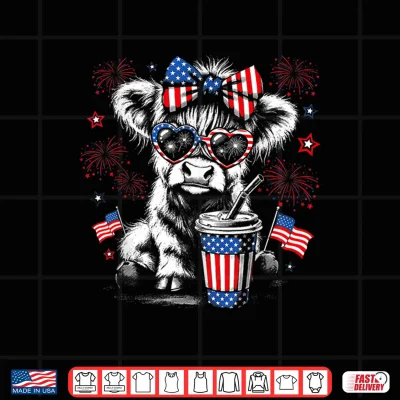 Design Patriotic Bow Sunglasses Highland Cow Fireworks USA Flag Shirt