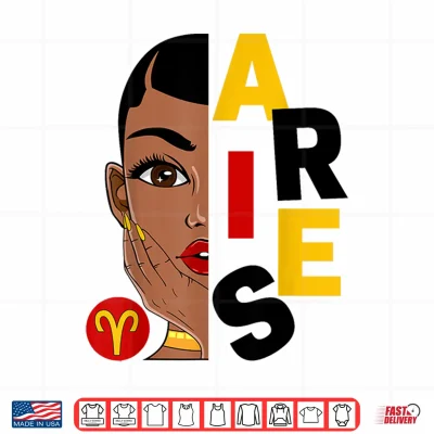 Design Aries Queen Short Hair Black Woman Girl Zodiac Sign Shirt