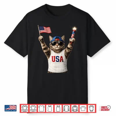Funny Patriotic Cat Usa Flag Fireworks America 250 Shirt