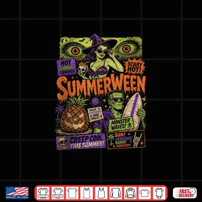 Design Punk Funny Witch Monster Frankenstein Summerween Beach Trips Shirt 1