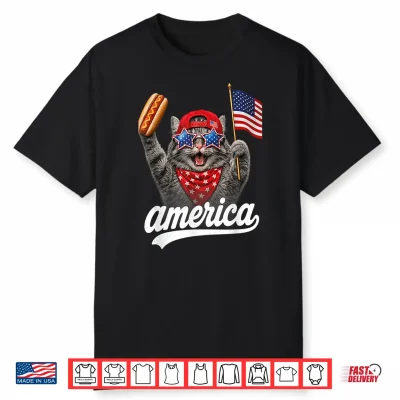 Funny Cat & Hot Dog Patriotic Cat Usa Flag Shirt