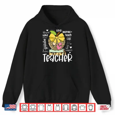Hoodie Back to School Teacher Leopard Apple Bow Women Girl Shirt