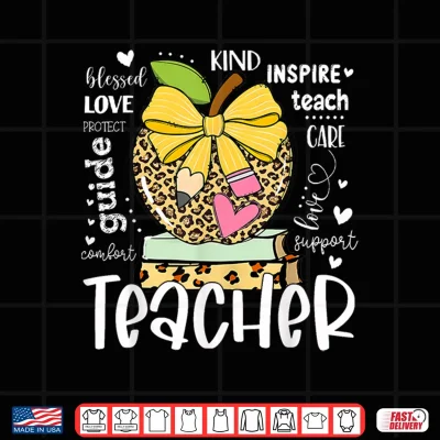 Design Back to School Teacher Leopard Apple Bow Women Girl Shirt