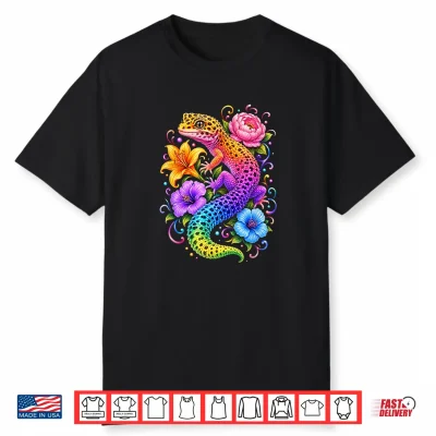 Colorful Cute Leopard Gecko Flowers Rainbow Women Girls Kids Shirt