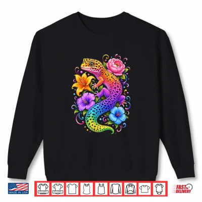 Sweatshirt Colorful Cute Leopard Gecko Flowers Rainbow Women Girls Kids Shirt