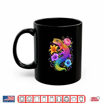 Mug Colorful Cute Leopard Gecko Flowers Rainbow Women Girls Kids Shirt