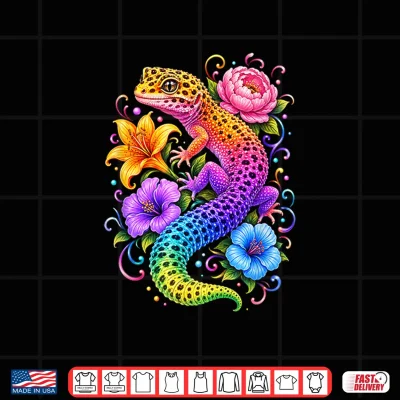 Design Colorful Cute Leopard Gecko Flowers Rainbow Women Girls Kids Shirt