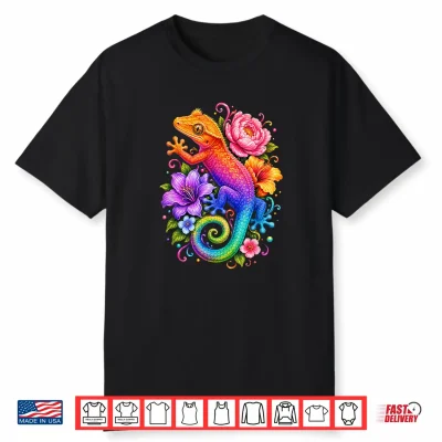Cute Colorful Crested Gecko Flowers Rainbow Women Girls Kids Shirt