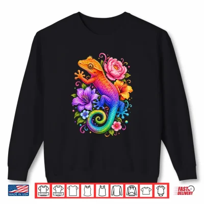 Sweatshirt Cute Colorful Crested Gecko Flowers Rainbow Women Girls Kids Shirt