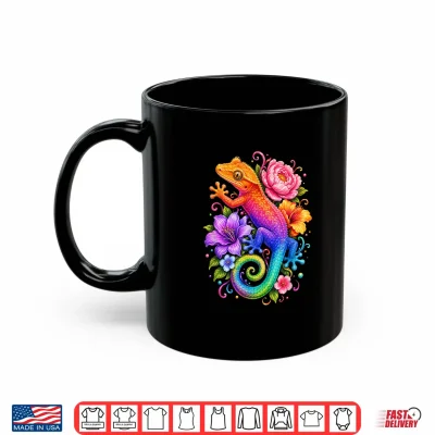 Mug Cute Colorful Crested Gecko Flowers Rainbow Women Girls Kids Shirt