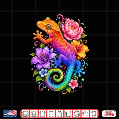 Design Cute Colorful Crested Gecko Flowers Rainbow Women Girls Kids Shirt