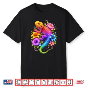 Colorful Floral Bearded Dragon Flowers Rainbow Women Girls Shirt