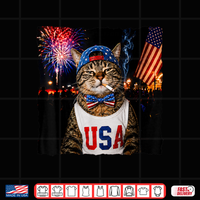 Design Patriotic Smoking Cat Funny 4th of July USA Flag Cat Lover Shirt