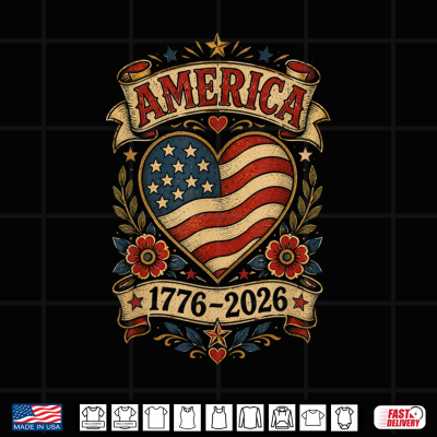 Design Vintage America Flag Heart 1776 2026 4th of July 250 Years Shirt