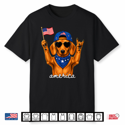 Funny America Dachshund Rock On American Flag 4Th Of July Shirt