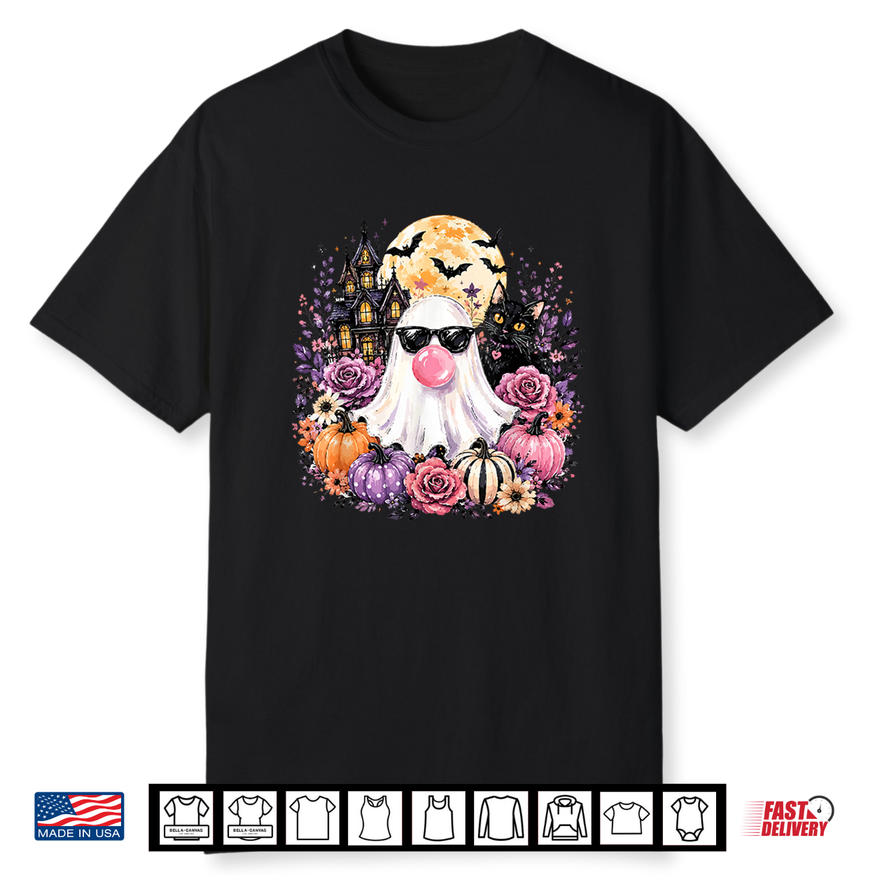 Ghost Blowing Bubble Gum Black Cat Halloween Floral Pumpkin Shirt Ghost Blowing Bubble Gum Black Cat Halloween Floral Pumpkin Shirt