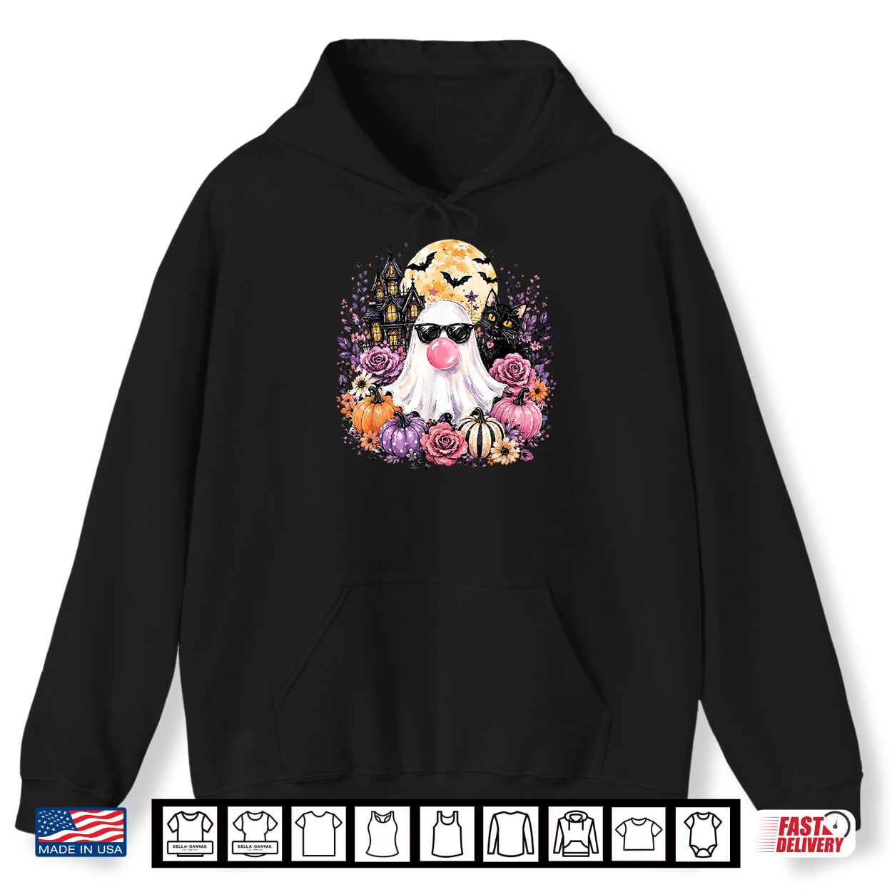 Ghost Blowing Bubble Gum Black Cat Halloween Floral Pumpkin Shirt Ghost Blowing Bubble Gum Black Cat Halloween Floral Pumpkin Shirt