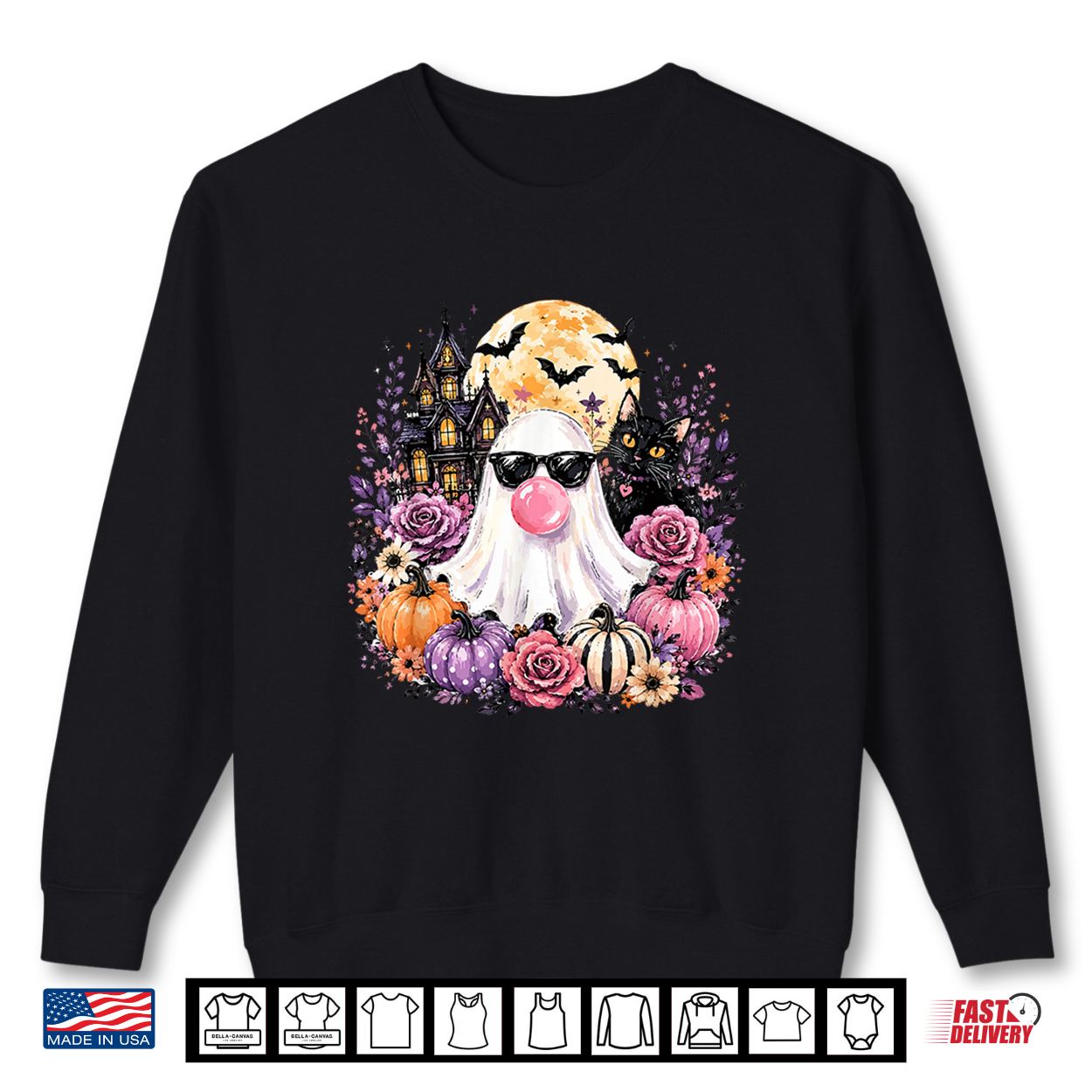Ghost Blowing Bubble Gum Black Cat Halloween Floral Pumpkin Shirt Ghost Blowing Bubble Gum Black Cat Halloween Floral Pumpkin Shirt