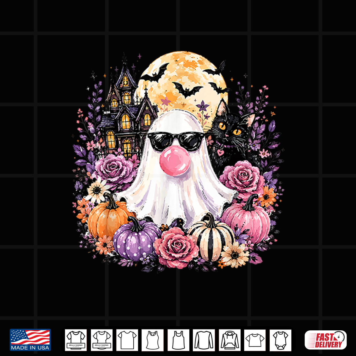 Ghost Blowing Bubble Gum Black Cat Halloween Floral Pumpkin Shirt Ghost Blowing Bubble Gum Black Cat Halloween Floral Pumpkin Shirt