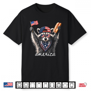 Vintage Funny America Raccoon Hot Dog Patriotic Usa Flag Shirt