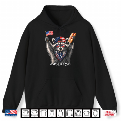 Hoodie Vintage Funny America Raccoon Hot Dog Patriotic USA Flag Shirt