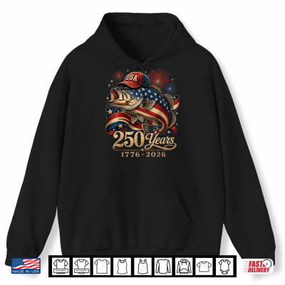 Hoodie 250 America 1776 2026 Bass Fishing USA Flag 250th Birthday Shirt