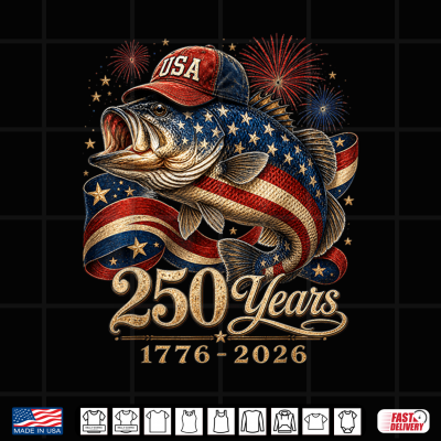 Design 250 America 1776 2026 Bass Fishing USA Flag 250th Birthday Shirt