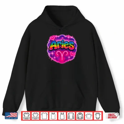 Hoodie Aries Zodiac Sign Rainbow Retro Airbrush Style Shirt