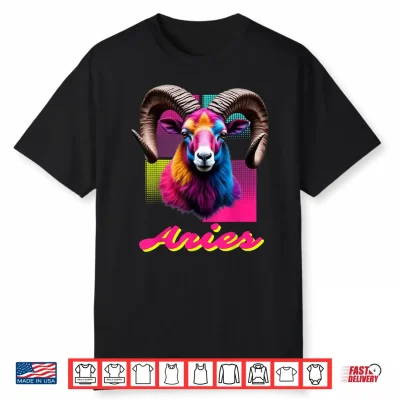 Aries Neon Ram Head Retro Zodiac Design Ram Lovers Aries Shirt
