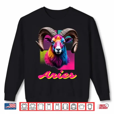 Sweatshirt Aries Neon Ram Head Retro Zodiac Design Ram Lovers Aries Shirt 1