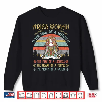 Sweatshirt Aries Woman The Soul Of A Witch Vintage Birthday Gift Shirt 1