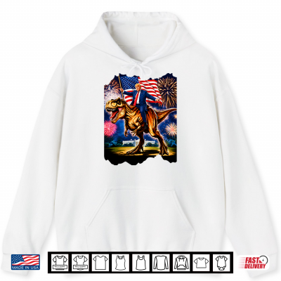 Hoodie Trump Riding T Rex American Flag Fireworks 4th Of July Shirt 1