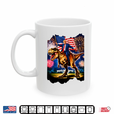 Mug Trump Riding T Rex American Flag Fireworks 4th Of July Shirt 1