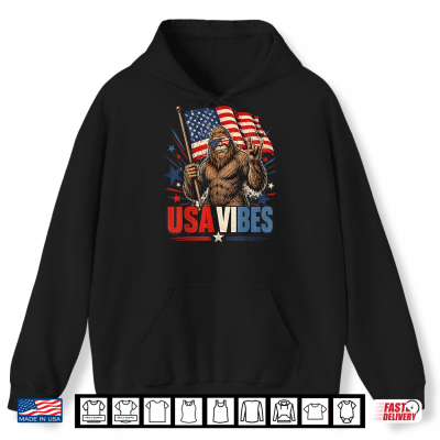 Hoodie USA Vibes Bigfoot American Flag Patriotic Funny Graphic Shirt